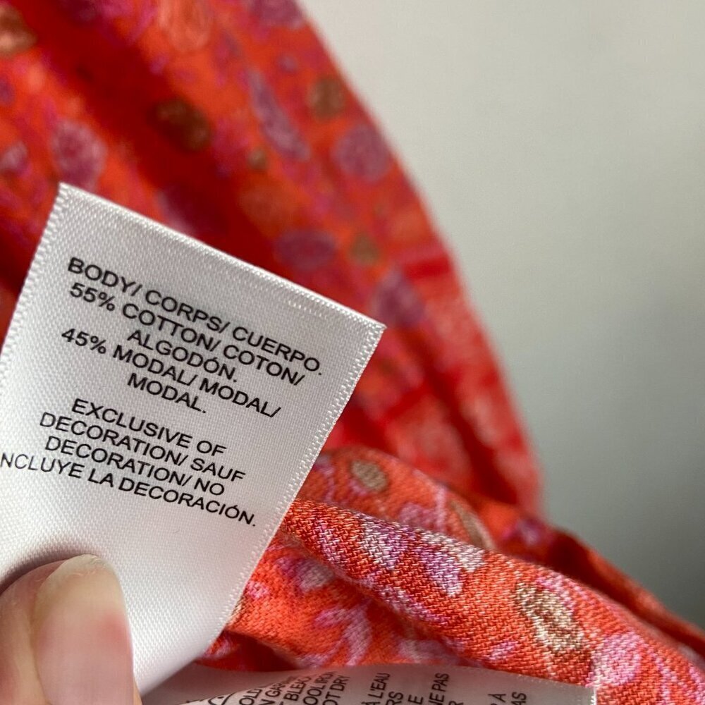 Lucky Brand Size Xs Lace Up Border Print Peasant Blouse Orange Foral Prairie - Picture 3 of 9